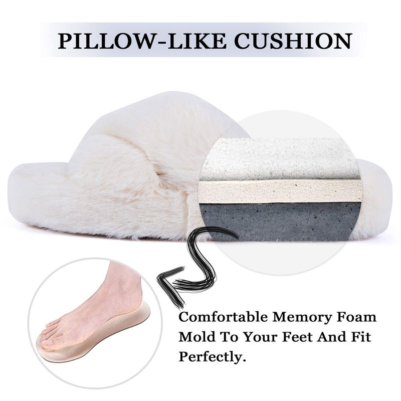 DL Fluffy Womens House Slippers - Cross Band Open Toe, Soft Plush Fleece Bedroom Slippers With Memory Foam, Comfy Fuzzy Slip On Non-Slip Indoor Pink Gray Black White - Image 4